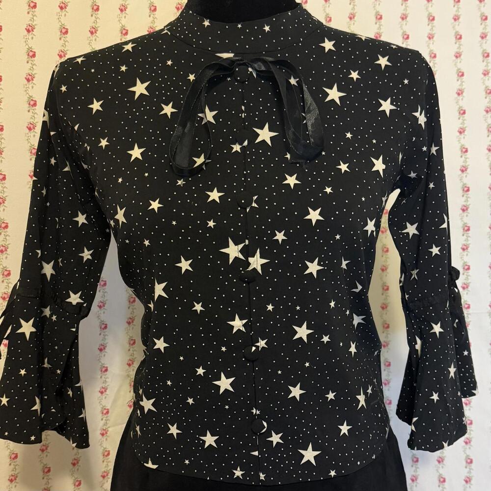 Vintage 90s Fam Glam Retro Goth Starry Night Bell Sleeve Top size S